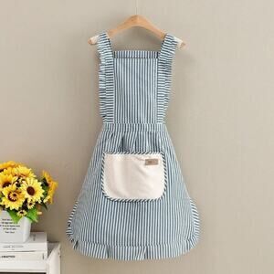 NEW Blue Striped Ruffle Apron With Pocket Farmhouse Vintage Kitchen Baking Gift